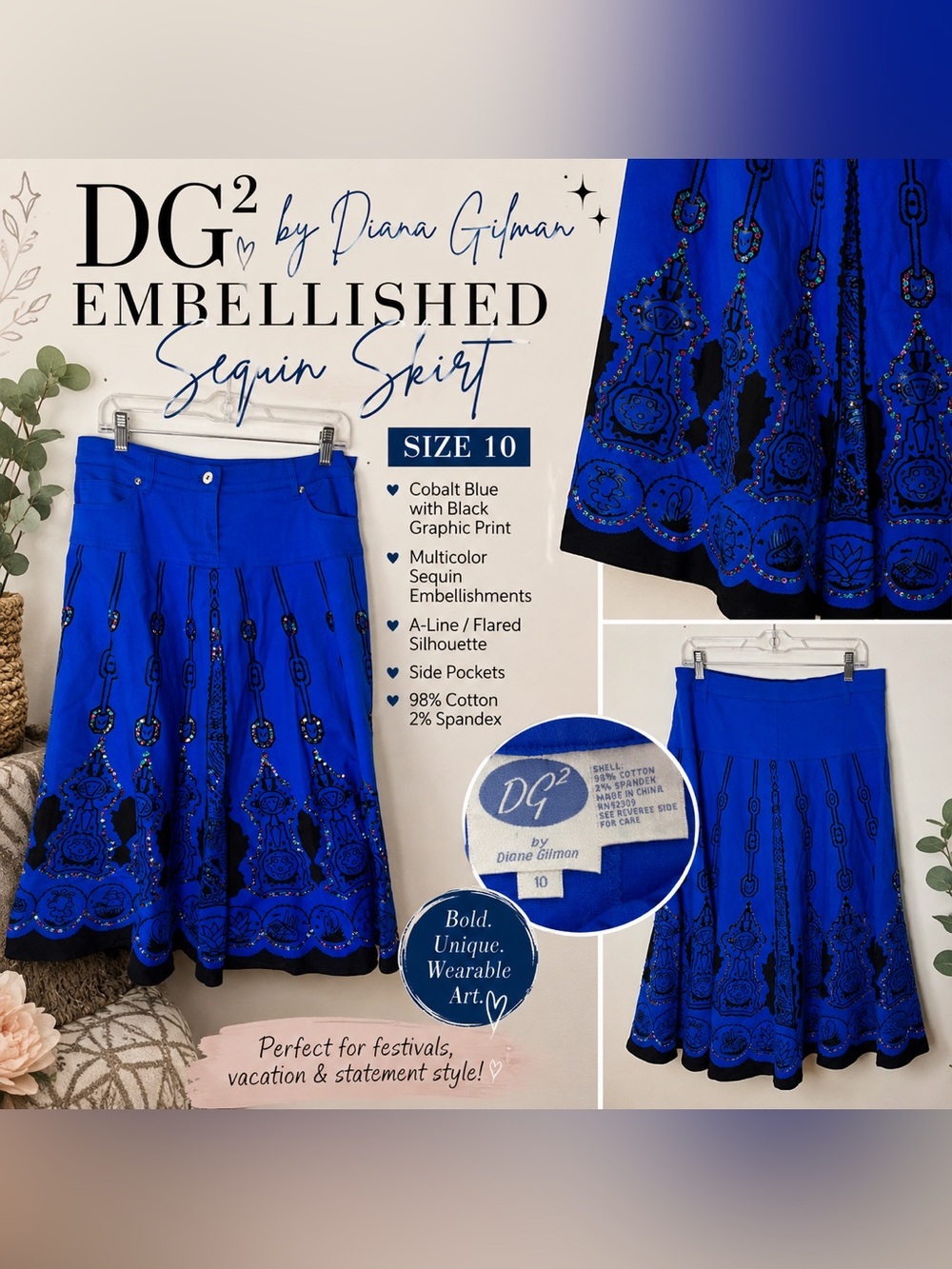 DG2 by Diane Gilman Cobalt Blue A-Line Skirt with Black Graphic Print